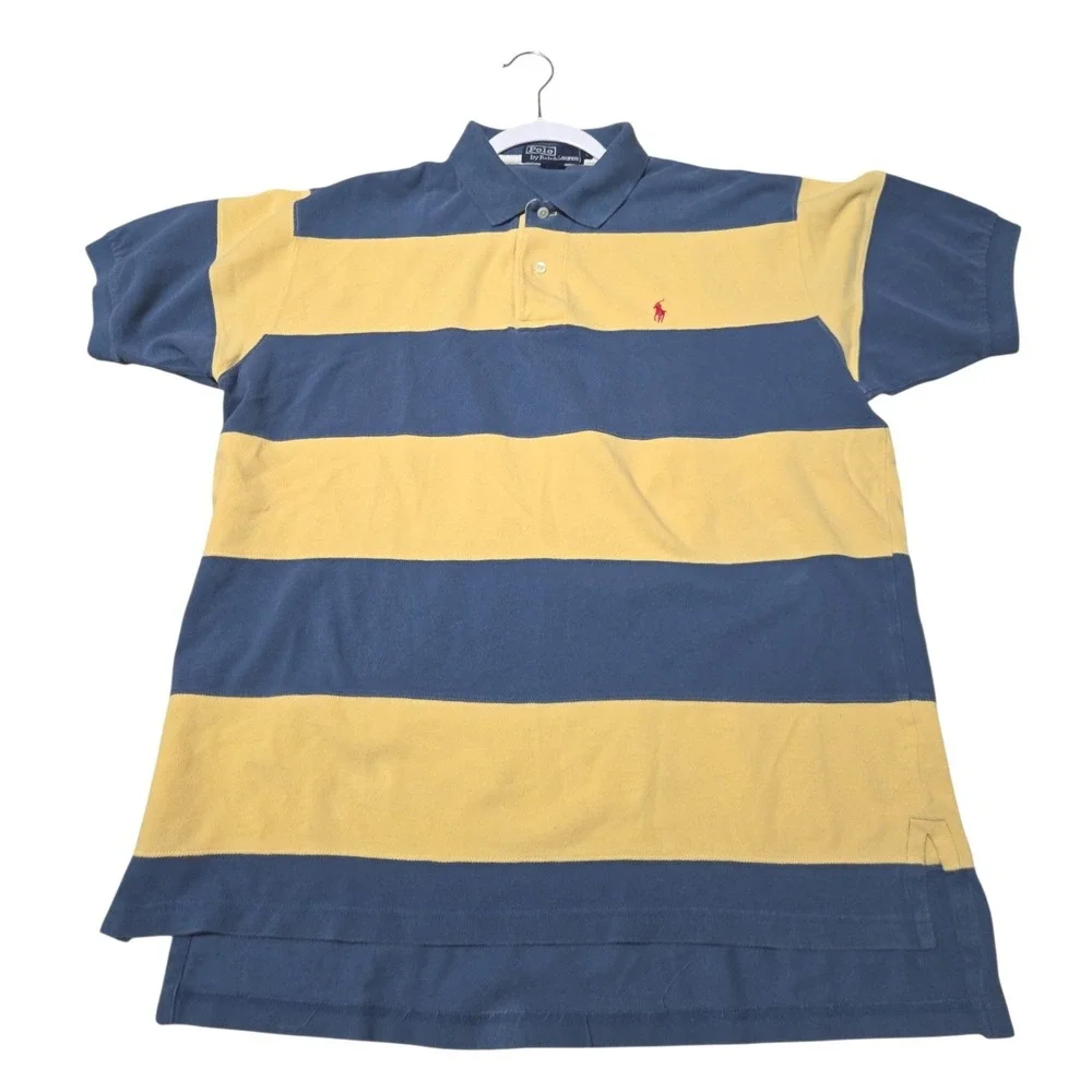 Polo Ralph Lauren Mens Blue Yellow Striped Short Sleeve Cotton‎ Polo Shirt L
